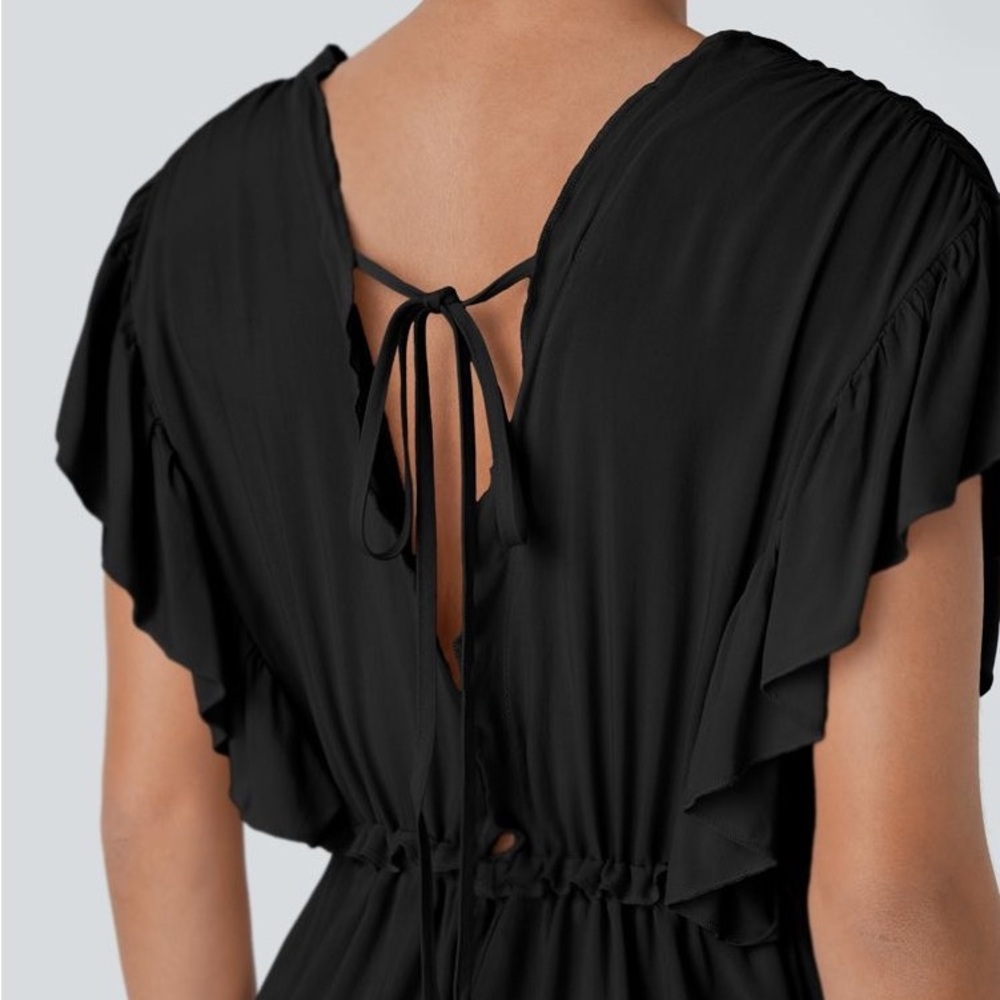 HALARA Deep V Neck Butterfly Sleeve Drawstring Pocket Flowy Maxi Casual Dress - Picture 4 of 7